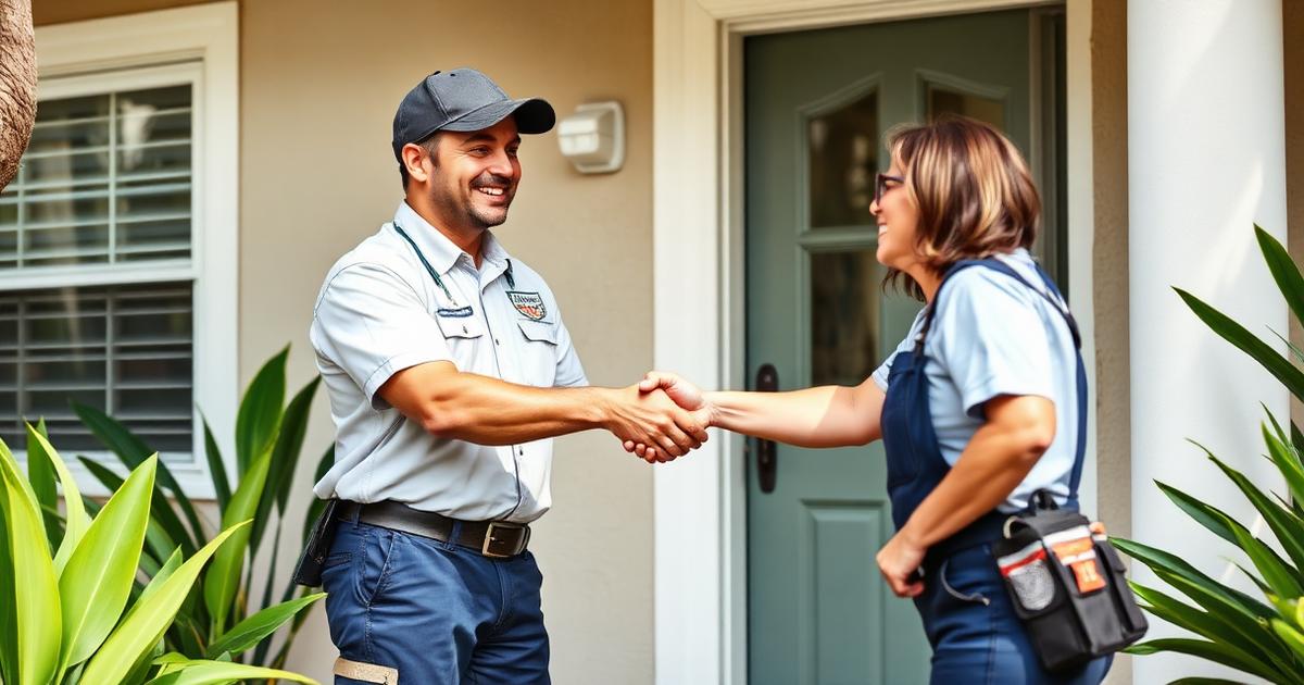 Uniformed painting contractor shaking hands with a homeowner at a Miami front door