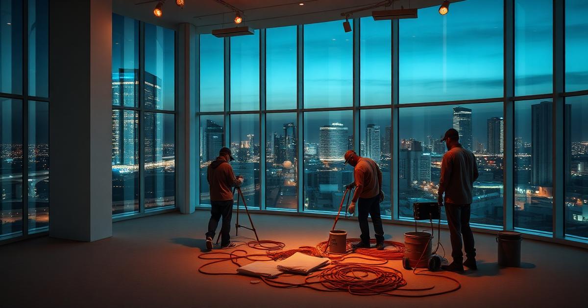 Equipo de pintores trabajando de noche en una oficina moderna de Miami con vista a la ciudad