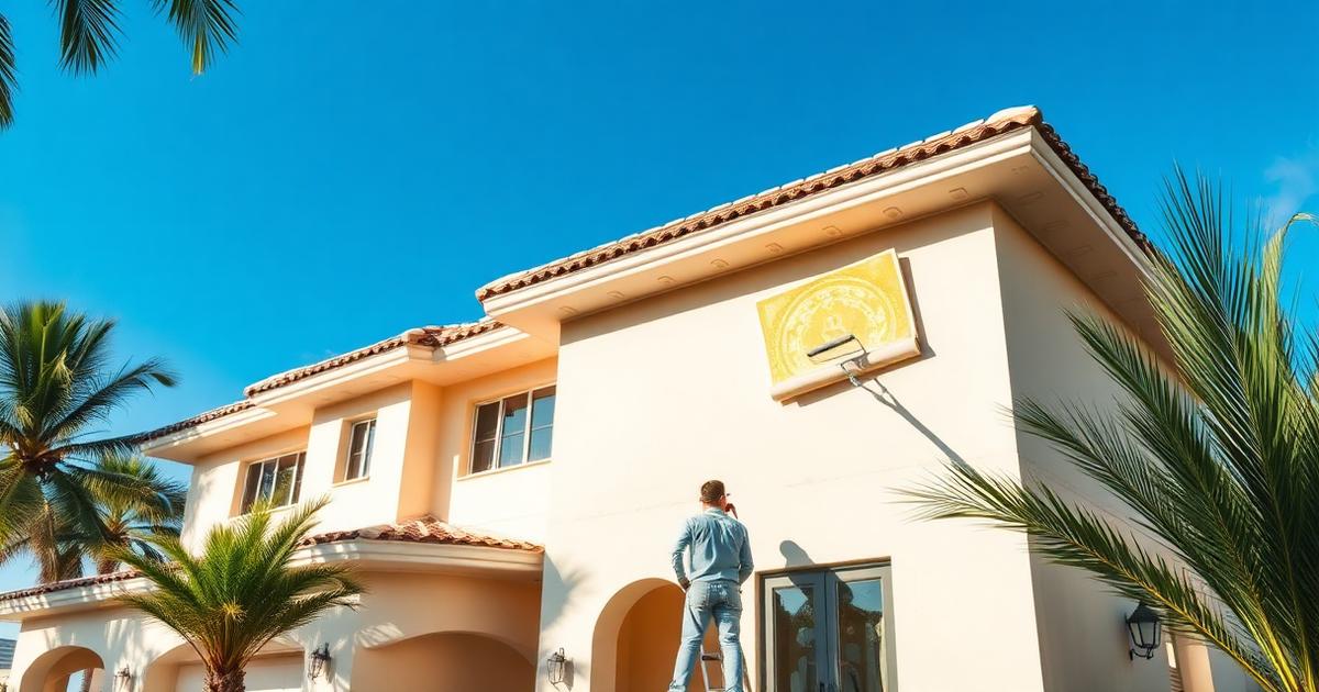 Painter rolling fresh coating onto the stucco exterior of a large Miami home
